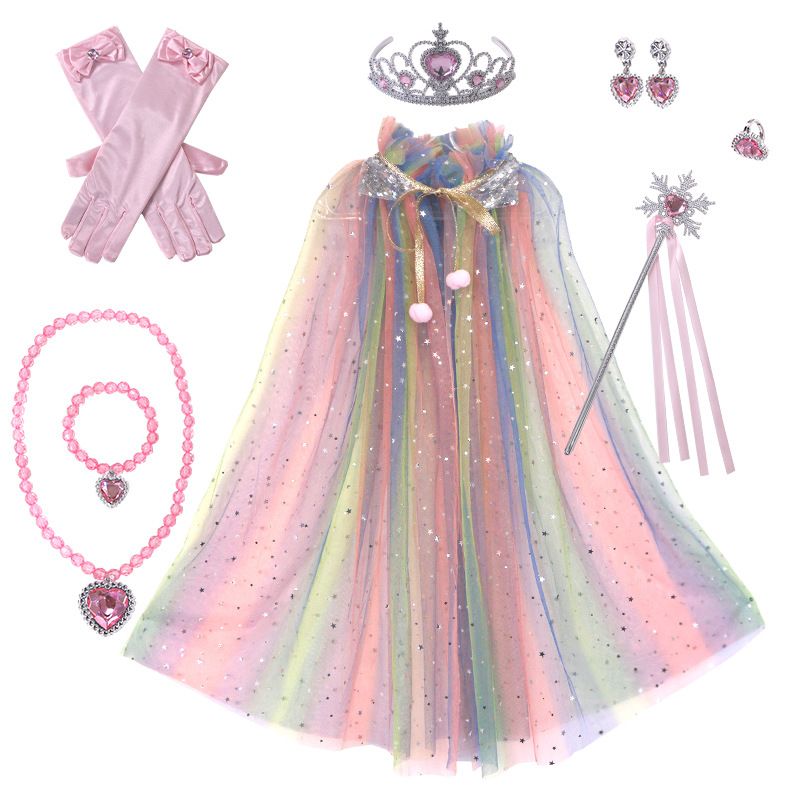 Seven Colorl Frozen Princess Set Hand Necklace Crown Sequin Cloak Veil Perfect Dress Up
