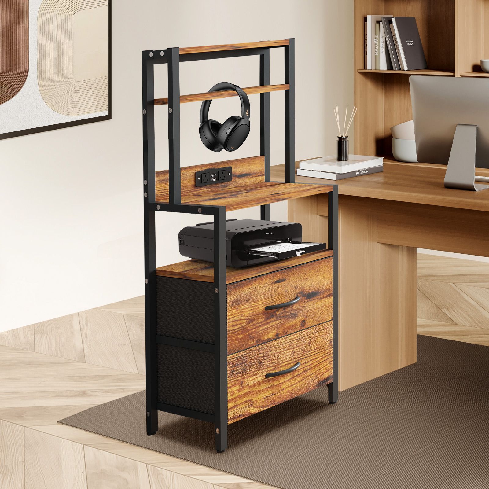 2 Drawer Beside Table LED Nightstand Night Lamp Bed Side Stand End Storage Cabinet Shelves Racks Bedroom Furniture Wooden Metal with Charging Station