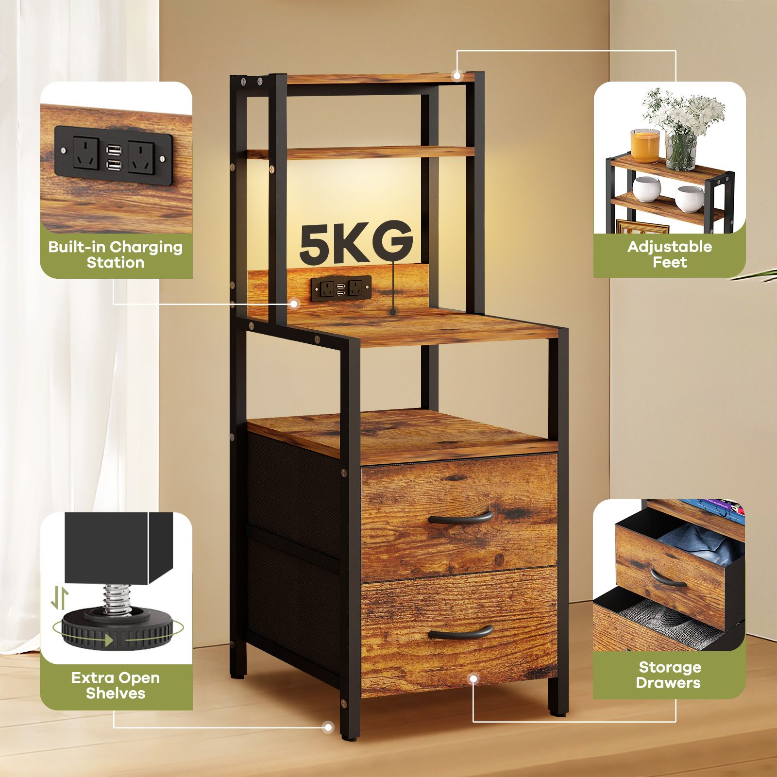 2 Drawer Beside Table LED Nightstand Night Lamp Bed Side Stand End Storage Cabinet Shelves Racks Bedroom Furniture Wooden Metal with Charging Station