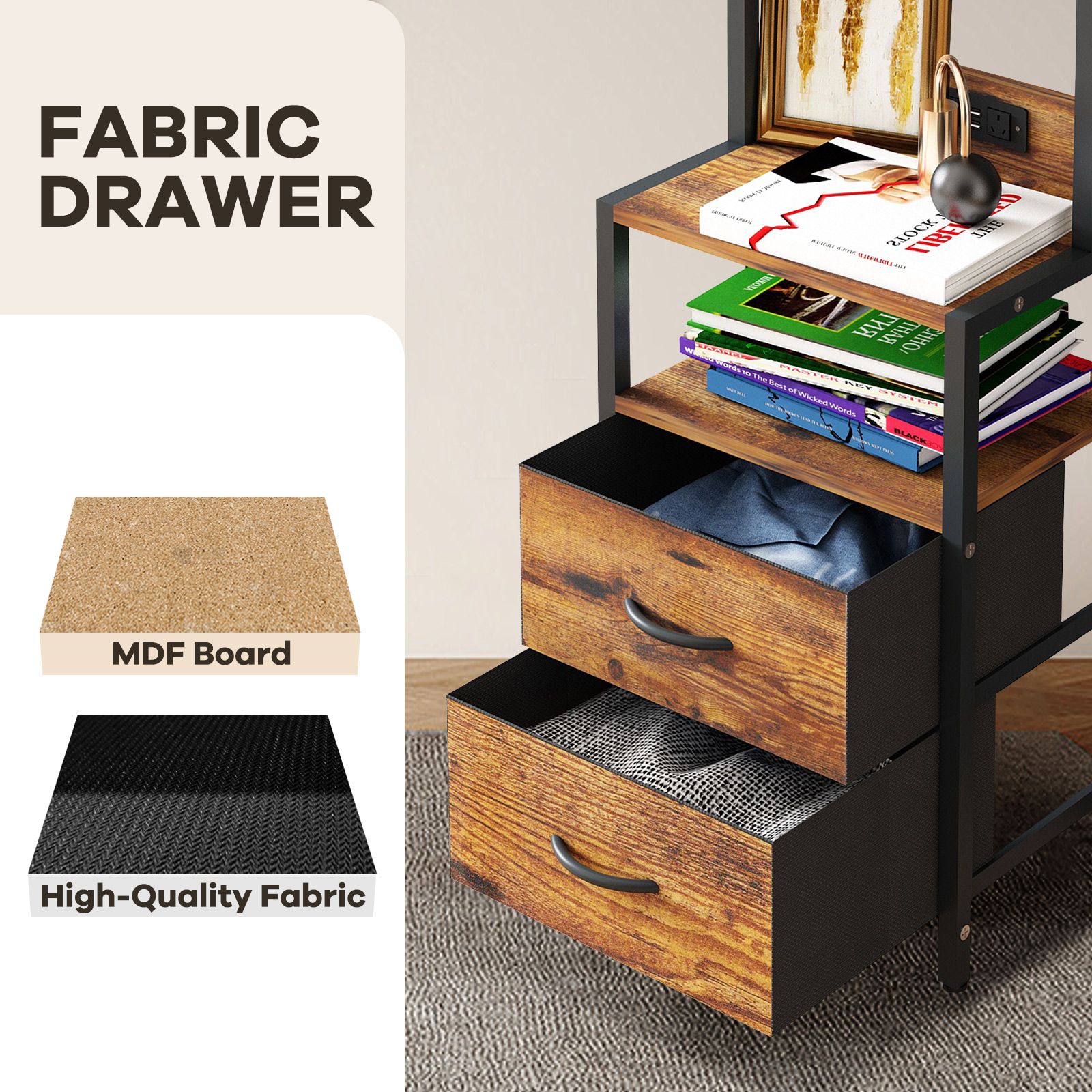 2 Drawer Beside Table LED Nightstand Night Lamp Bed Side Stand End Storage Cabinet Shelves Racks Bedroom Furniture Wooden Metal with Charging Station