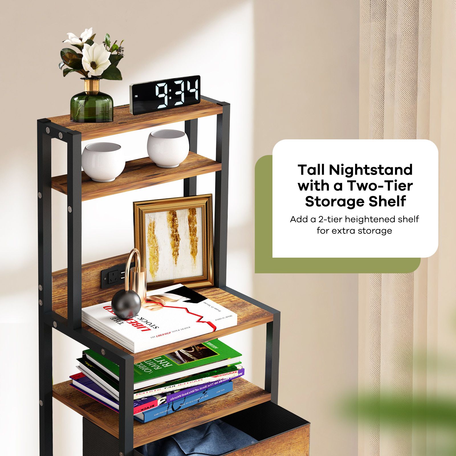 2 Drawer Beside Table LED Nightstand Night Lamp Bed Side Stand End Storage Cabinet Shelves Racks Bedroom Furniture Wooden Metal with Charging Station