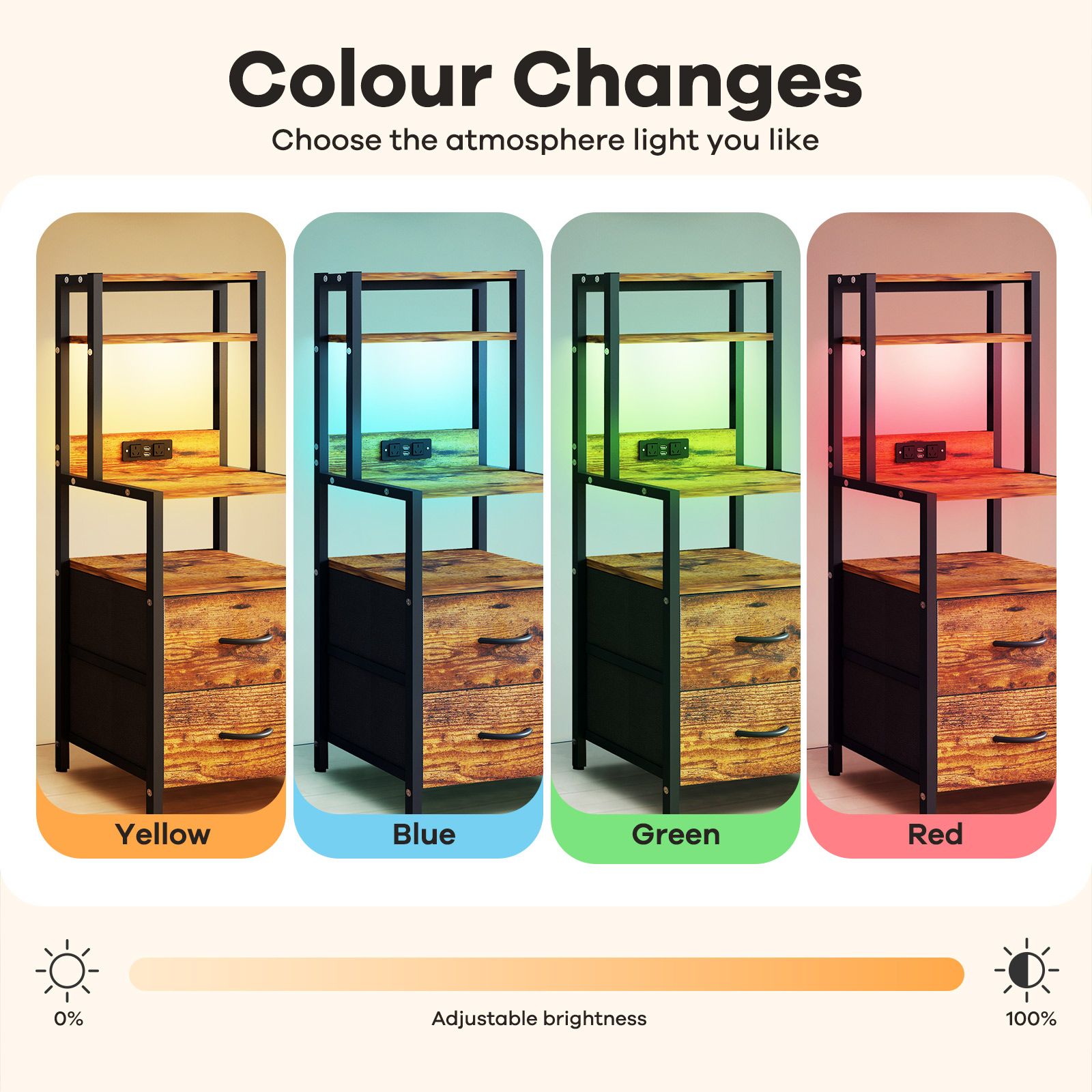 2 Drawer Beside Table LED Nightstand Night Lamp Bed Side Stand End Storage Cabinet Shelves Racks Bedroom Furniture Wooden Metal with Charging Station