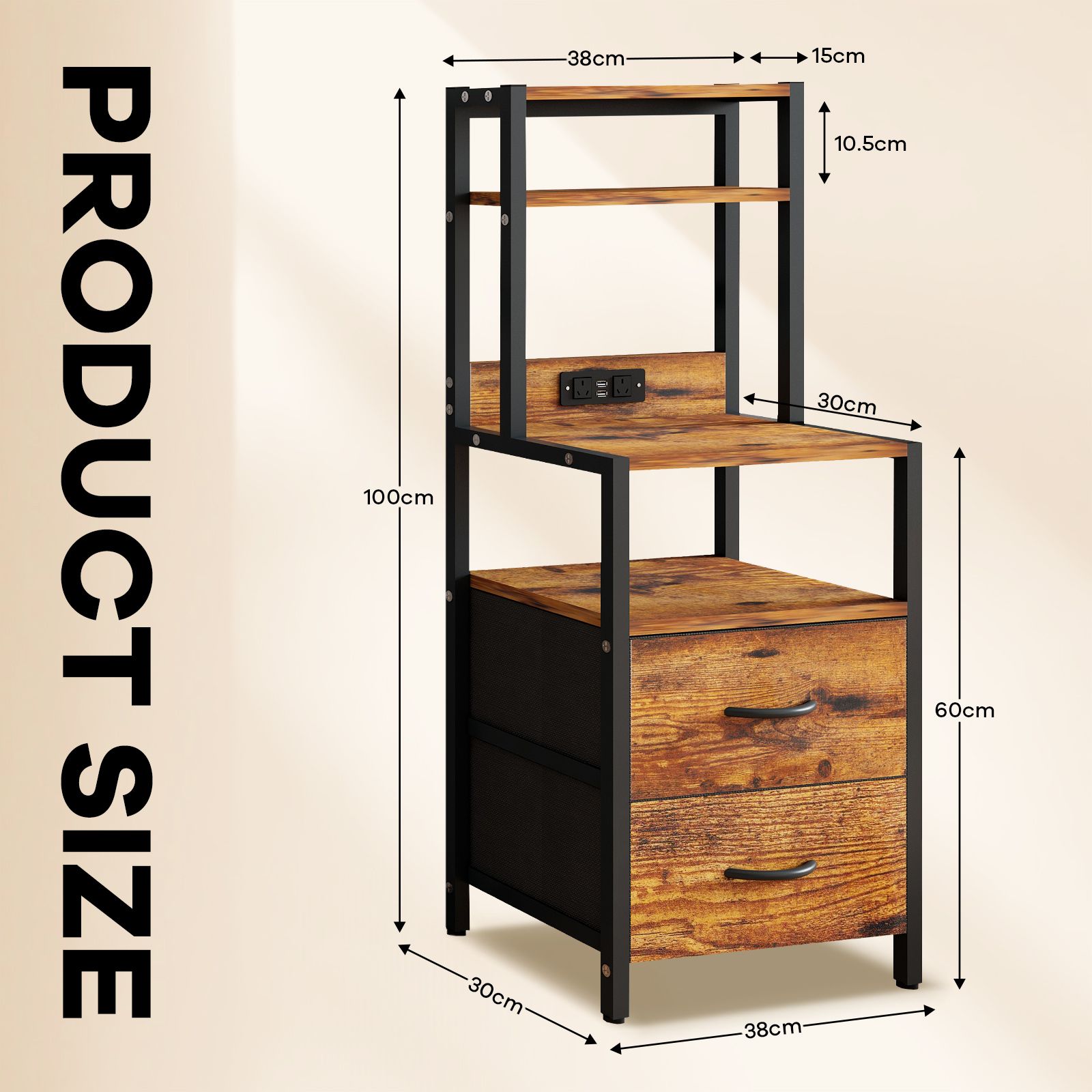 2 Drawer Beside Table LED Nightstand Night Lamp Bed Side Stand End Storage Cabinet Shelves Racks Bedroom Furniture Wooden Metal with Charging Station