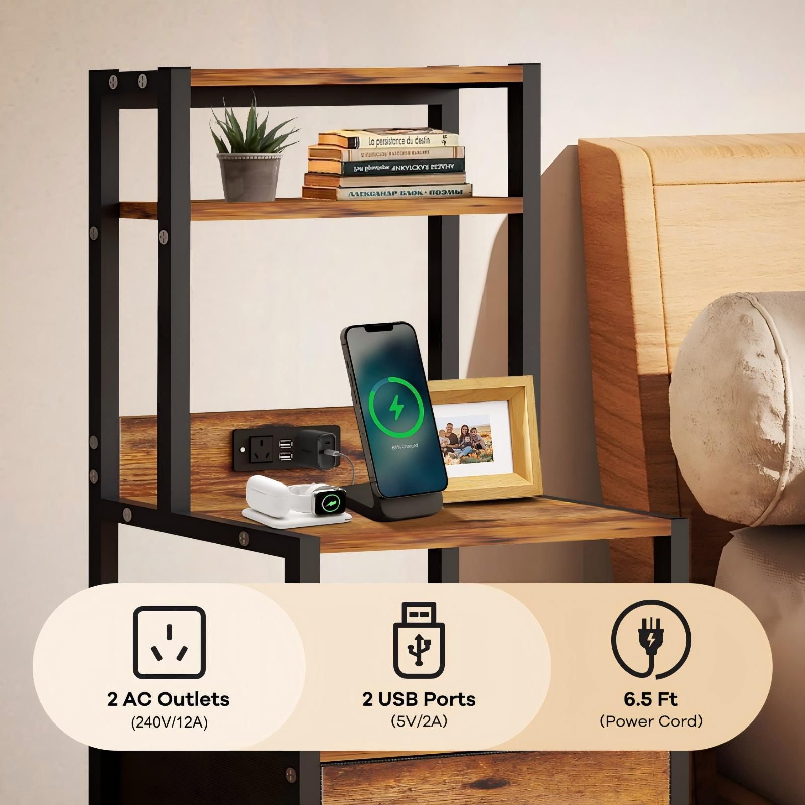 2 Drawer Beside Table LED Nightstand Night Lamp Bed Side Stand End Storage Cabinet Shelves Racks Bedroom Furniture Wooden Metal with Charging Station