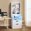 2IN1 Beside Table Bookshelf LED Nightstand 2 Drawer Cabinet Shelving Unit Storage Shelves Compartments Wooden Bedroom Furniture with Charging Station