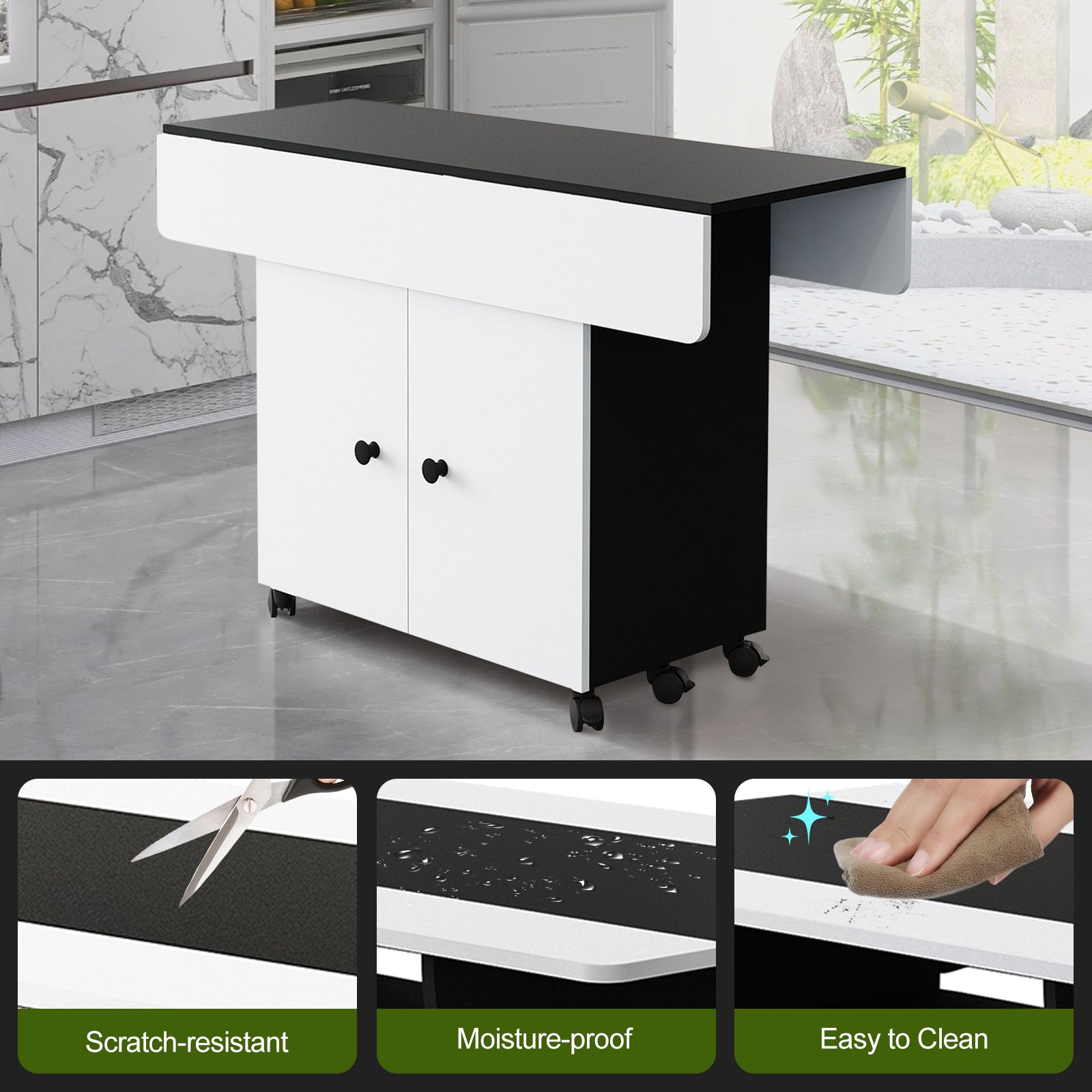 Folding Dining Table with Wheels Extendable Outdoor Furniture Breakfast Room Dinner Kitchen Bar Camp Picnic Desk 2 Storage Cabinets Wood