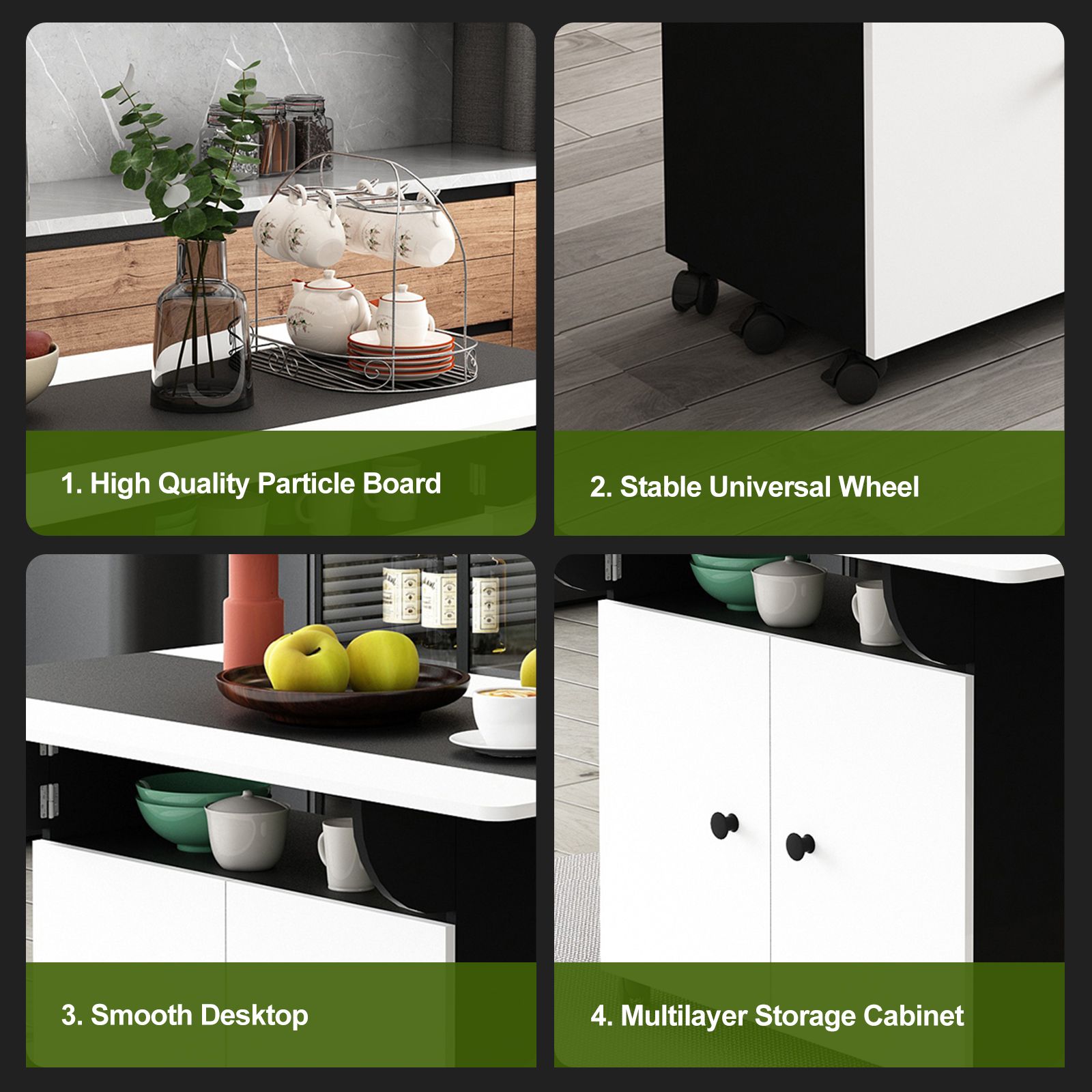 Folding Dining Table with Wheels Extendable Outdoor Furniture Breakfast Room Dinner Kitchen Bar Camp Picnic Desk 2 Storage Cabinets Wood