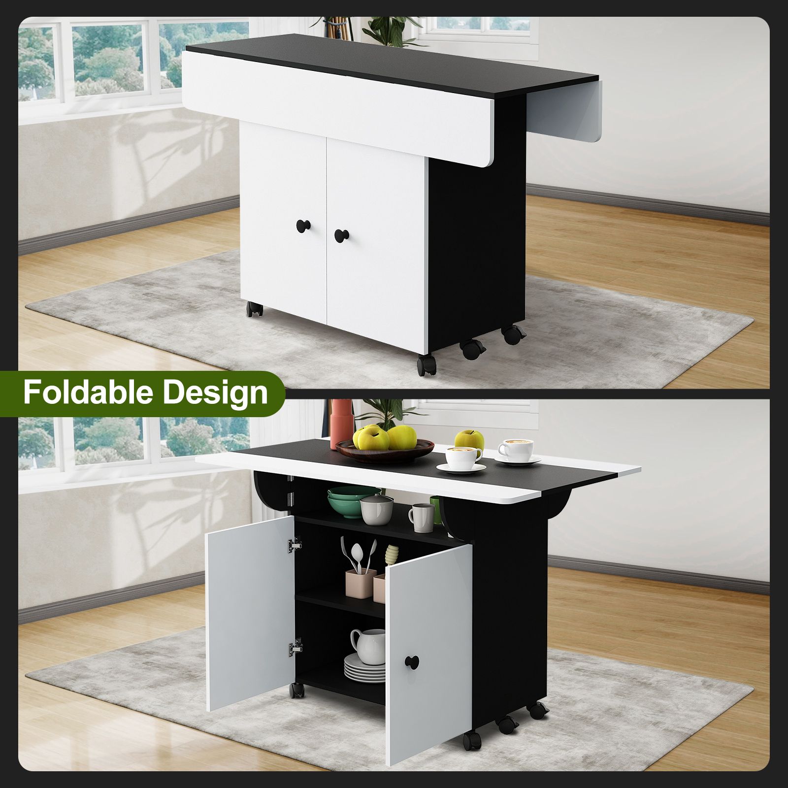 Folding Dining Table with Wheels Extendable Outdoor Furniture Breakfast Room Dinner Kitchen Bar Camp Picnic Desk 2 Storage Cabinets Wood