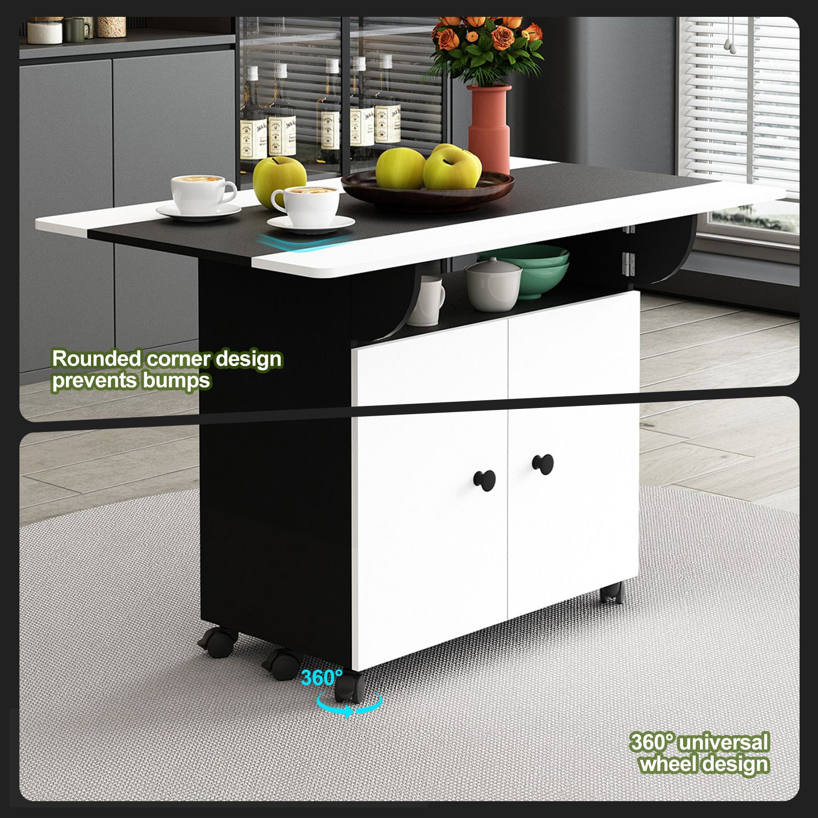 Folding Dining Table with Wheels Extendable Outdoor Furniture Breakfast Room Dinner Kitchen Bar Camp Picnic Desk 2 Storage Cabinets Wood
