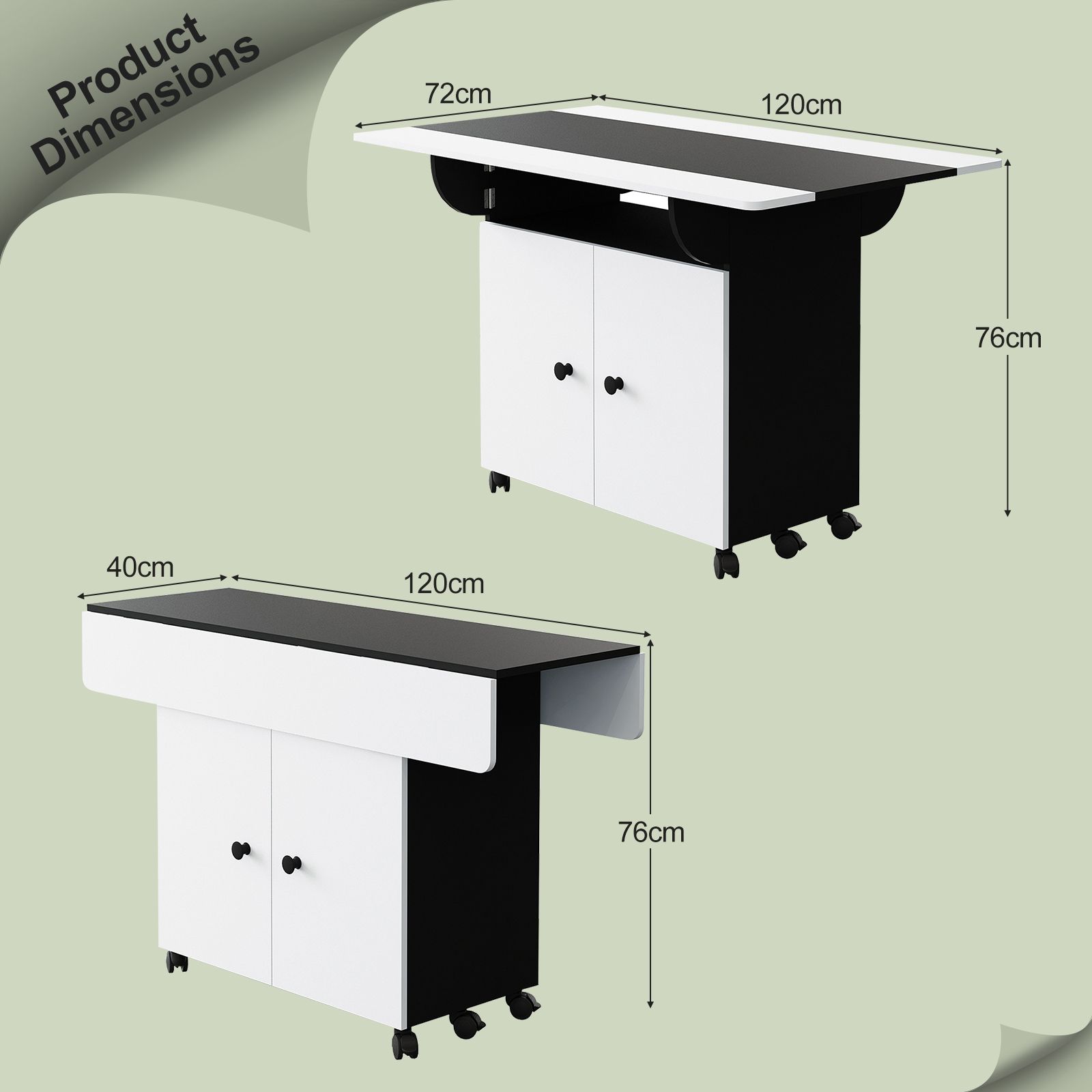 Folding Dining Table with Wheels Extendable Outdoor Furniture Breakfast Room Dinner Kitchen Bar Camp Picnic Desk 2 Storage Cabinets Wood