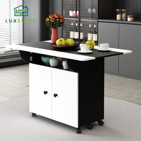 Folding Dining Table with Wheels Extendable Outdoor Furniture Breakfast Room Dinner Kitchen Bar Camp Picnic Desk 2 Storage Cabinets Wood