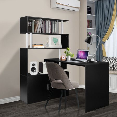 Black Office Computer Desk L Shaped Rotating Corner Study Home Writing Table 4 Bookshelf 2 Cabinet Executive Storage Bedroom Furniture