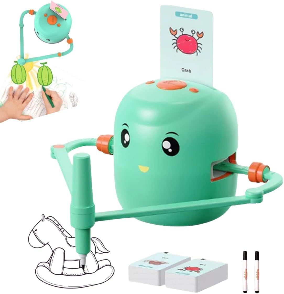 Drawing Robot for Kids,Interactive Educational Drawing Robot for Kids,Montessori Learning Toy with 100 Word Cards Color Green