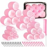 4 Sizes Self-Grip Hair Rollers Set for Long,Short Hair and Bangs - 50 Pcs with Clips 25mm 36mm 48mm 60mm,Pink