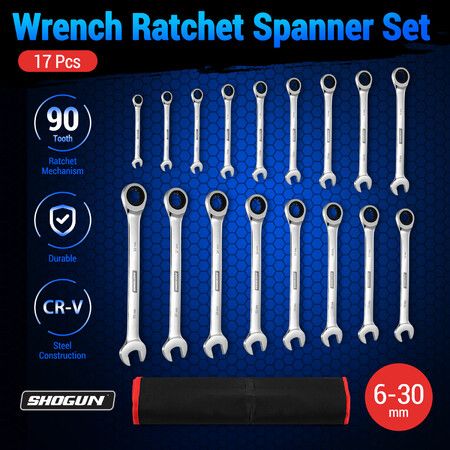 17pcs Wrench Spanner Set Metric Ratchet 90 Tooth Gear Hand Ratcheting Tool Kit Nickle Plating CRV Steel with Storage Pouch