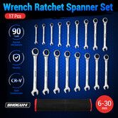 17pcs Wrench Spanner Set Metric Ratchet 90 Tooth Gear Hand Ratcheting Tool Kit Nickle Plating CRV Steel with Storage Pouch