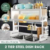 Dish Drying Rack Holder Drain Caddy Kitchen Drainer Cutlery Plate Cup Utensil Storage Over The Sink Organiser Enclosed With Hook Door 95cm