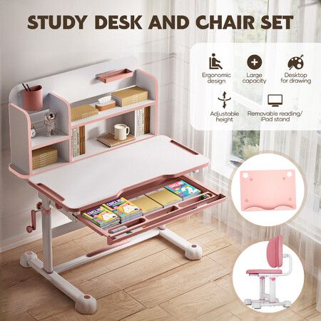 Children Desk Chair Set Kids School Student Study Table Ergonomic Height Adjustable Tilt Desktop Storage Drawer Book Shelf Furniture Writing Drawing