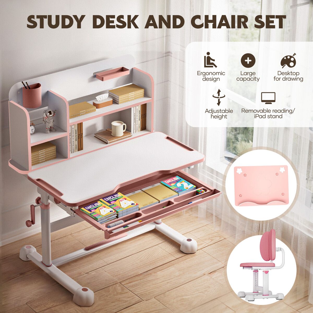 Children Desk Chair Set Kids School Student Study Table Ergonomic Height Adjustable Tilt Desktop Storage Drawer Book Shelf Furniture Writing Drawing