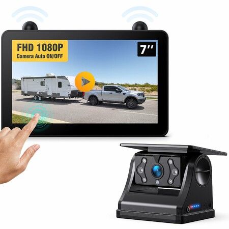 7INCH Touchscreen Solar Wireless RV Backup Touch Screen Camera 1080P  IPS Monitor  Auto OnOff Rear View  Night Vision Recording 32G card Trailer Truck