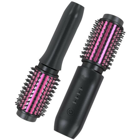 Cordless Hair Curling Iron Brush 3-in-1 Portable Wave Curling Wand, 1.5″ Ionic Heated Brush,USB Rechargeable Hair Curler, 1 Pack-Black