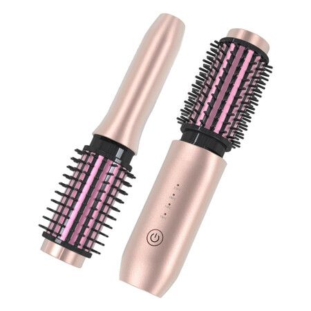 Cordless Hair Curling Iron Brush 3-in-1 Portable Wave Curling Wand, 1.5″ Ionic Heated Brush,USB Rechargeable Hair Curler, 1 Pack-Pink