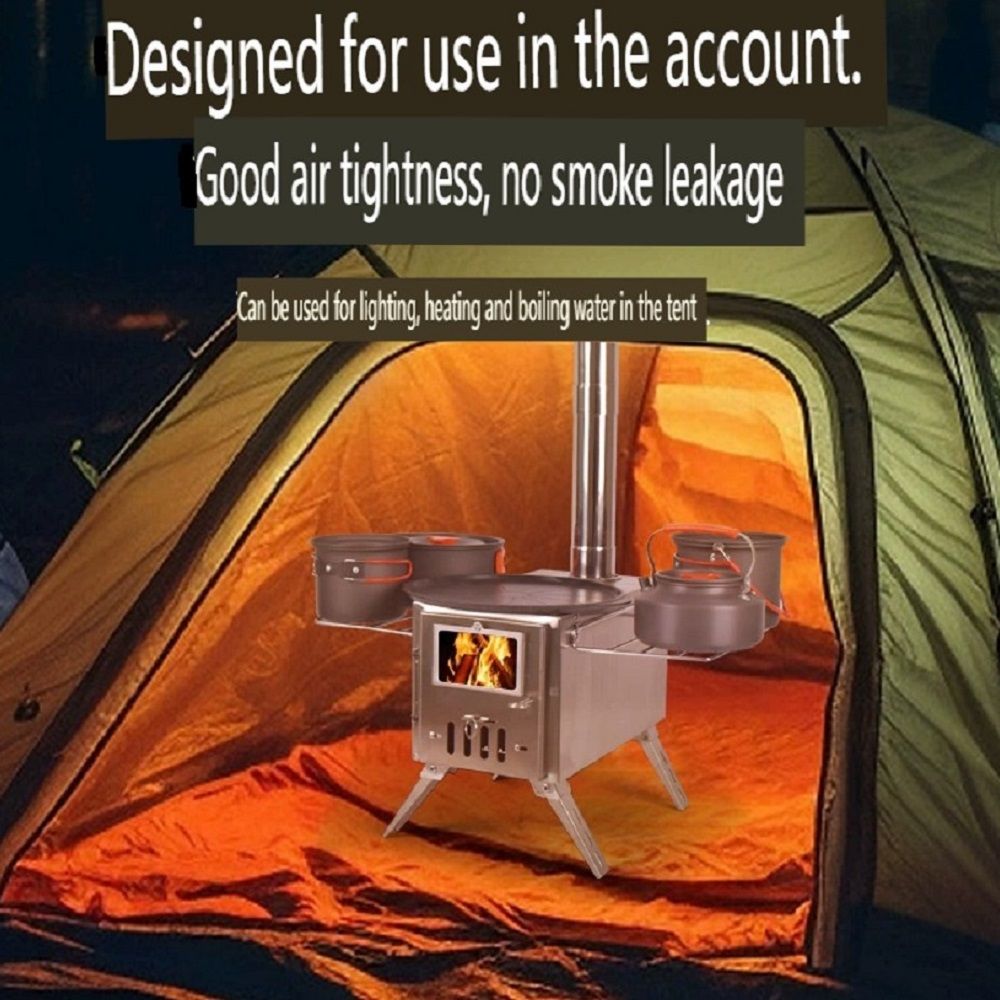 Portable Stainless Steel Camping Tent Stove: Multifunctional Wood Burner w/View Window & Decorative Grate - Outdoor Heater/Cooker for Backpacking, Hiking