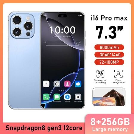 4G Android Smartphone 7.3inch Dual SIM Mobile Phone Unlocked 8GB+256GB With 72+108MP Camera Color Blue