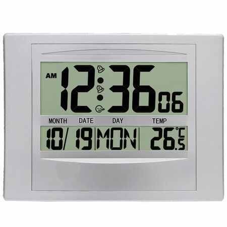Digital Wall Clock Atomic Desk Alarm Large Display Battery Operated Bedroom Office Indoor Temperature Color Silver