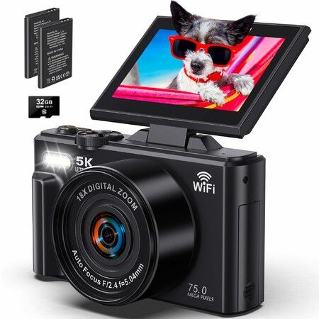 5K Digital Camera,WiFi 75MP Vlogging Camera,UHD Autofocus Video Cameras with 18X Zoom,Compact Vlog Travel Cameras with 32GB SD Card 2 Batteries