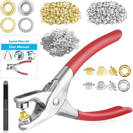 803Pcs Grommet Eyelet Pliers Kit,0.25 Inch 6mm Grommet Tool Kit with 800 Metal Eyelets with Washers in Gold and Silver,Eyelet Grommet Hand Press Kit