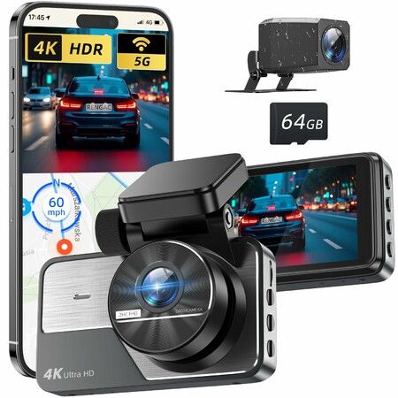 Dash Cam Front and Rear,4K+2K Full HD Dual Dash Camera,Built-in 5G WiFi with 64GB Card,GPS,UHD 2160P Night Vision,App Control,HDR,24H Parking Momitor