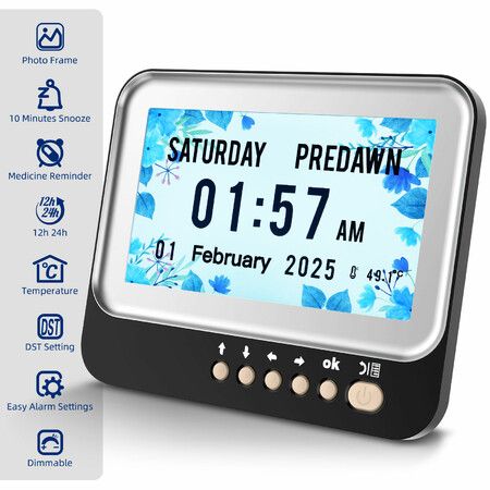 Large Display Alarms and Medicine Reminders  Dementia Clock Seniors 6 Display Modes 7 Inch Digital Clock Auto Dimmable Temperature Date