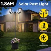 186cm Solar Led Light Post Planter Outdoor Street Garden Security Pole Lamp Driveway Pathway Patio Yard Energy Powered Pillar Lantern Double Lights