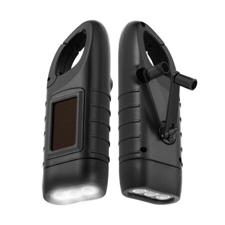 Black Portable Outdoor Multi Functional Solar Charging LED Flashlight Hand Cranked Emergency Light