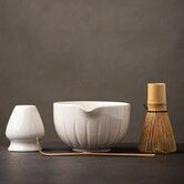 Matcha Set,Match Bowl with Spout and Whisk,15 OZ,Matcha Scoop,Matcha Whisk Stand (Chasen Holder) - 4pc Perfect Matcha Kit for Matcha Tea Ceremony (White)