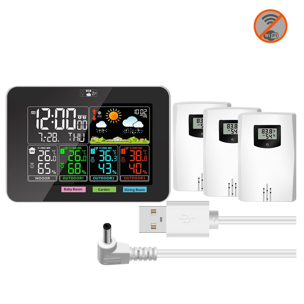 3-Way Weather Clock with 3 Temperature and Humidity Sensors Clock Alarm Weather Forecast Comfort