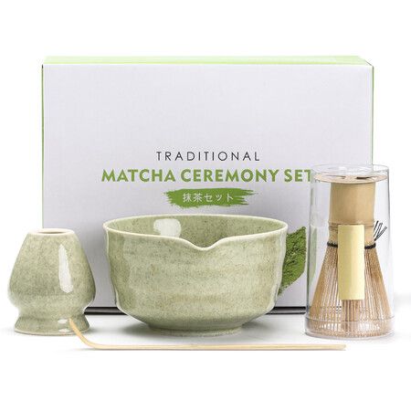 Matcha Set,Japanese Tea Set Includes Matcha Bowl,Matcha Whisk Holder,Bamboo Matcha Whisk and Bamboo Scoop,17 oz Mottled Tea Green Glaze Ceramic Matcha Kit