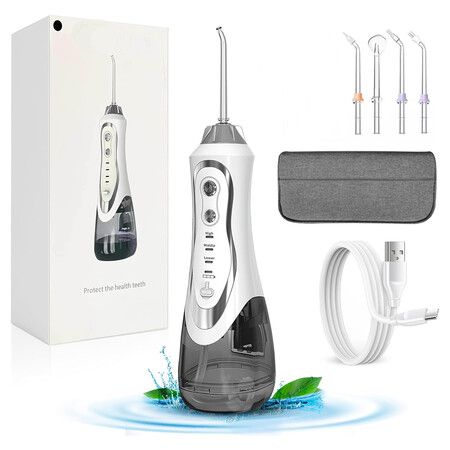 Cordless Water Dental Flosser, Portable Oral Irrigator with Tongue Brush, 4 Nozzles, Rechargeable, IPX7 Waterproof, White