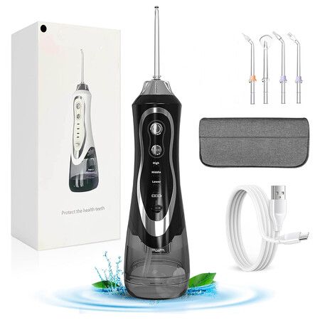 Cordless Water Dental Flosser, Portable Oral Irrigator with Tongue Brush, 4 Nozzles, Rechargeable, IPX7 Waterproof, Black