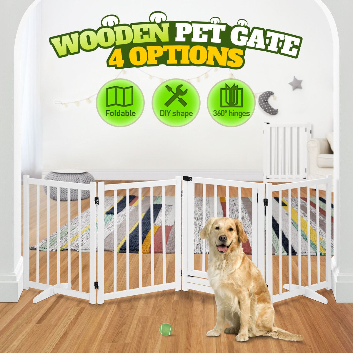 Pet Safety Gate 4 Panel Puppy Playpen Wood Enclosure Security Fence Freestanding Dog Stair Doorway Tall Barrier with Door Indoor Foldable
