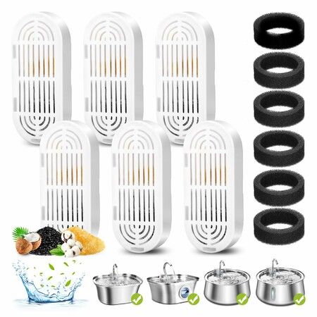 Cat Water Fountain Filters,6 Pack Replacement Filters And Pre-Filter Sponges for Stainless Steel Pet Fountain with Water Level Window