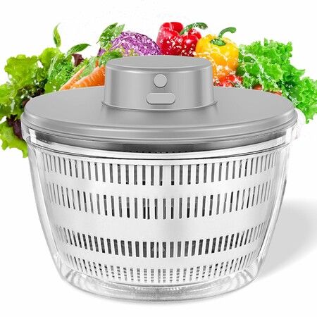 Electric Salad Spinner Dryer Fruit Vegetable Cleaner Bowl Colander Greens Herbs Berries Kitchen Gadget 4L(Grey)