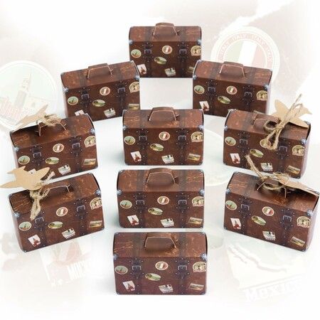 50PCS Mini Suitcase Favor Boxes,Travel Theme Candy Box Vintage Kraft Cardboard with Tags and Burlap Twine