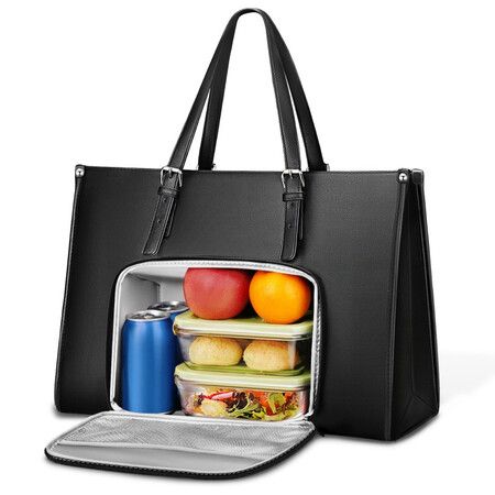 15.6 Inch PU Leather Laptop Tote Bag Insulated Lunch Compartment Briefcase