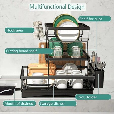 3-tier stainless steel dish drainer with drip tray, black draining tray with wine glass holder, removable cutlery rack for organising the kitchenr
