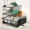 3-tier stainless steel dish drainer with drip tray, black draining tray with wine glass holder, removable cutlery rack for organising the kitchenr