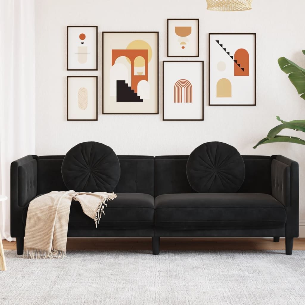 Sofa with Cushions 3-Seater Black Velvet