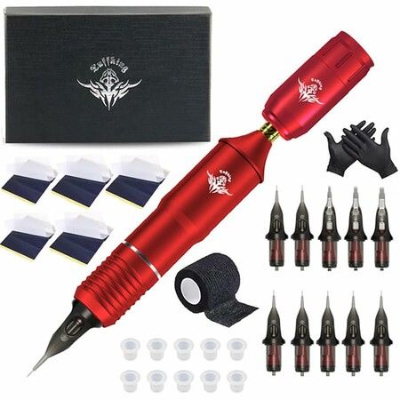 Tattoo Machine Kit Professional Wireless Tattoo Pen Kit Detachable RC Tattoo Power Supply,Tattoo Motor Unit Color Red
