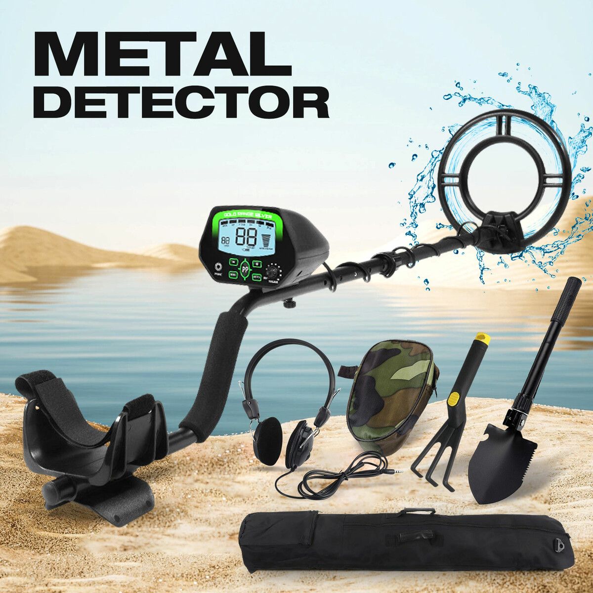 Metal detector with tri tone audio, adjustable 180mm depth detection, suitable for beaches, gardens, lightweight ergonomic design